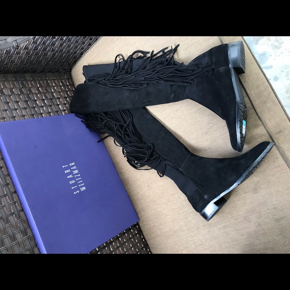 Stuart Weitzman OTK boots with fringe, Black